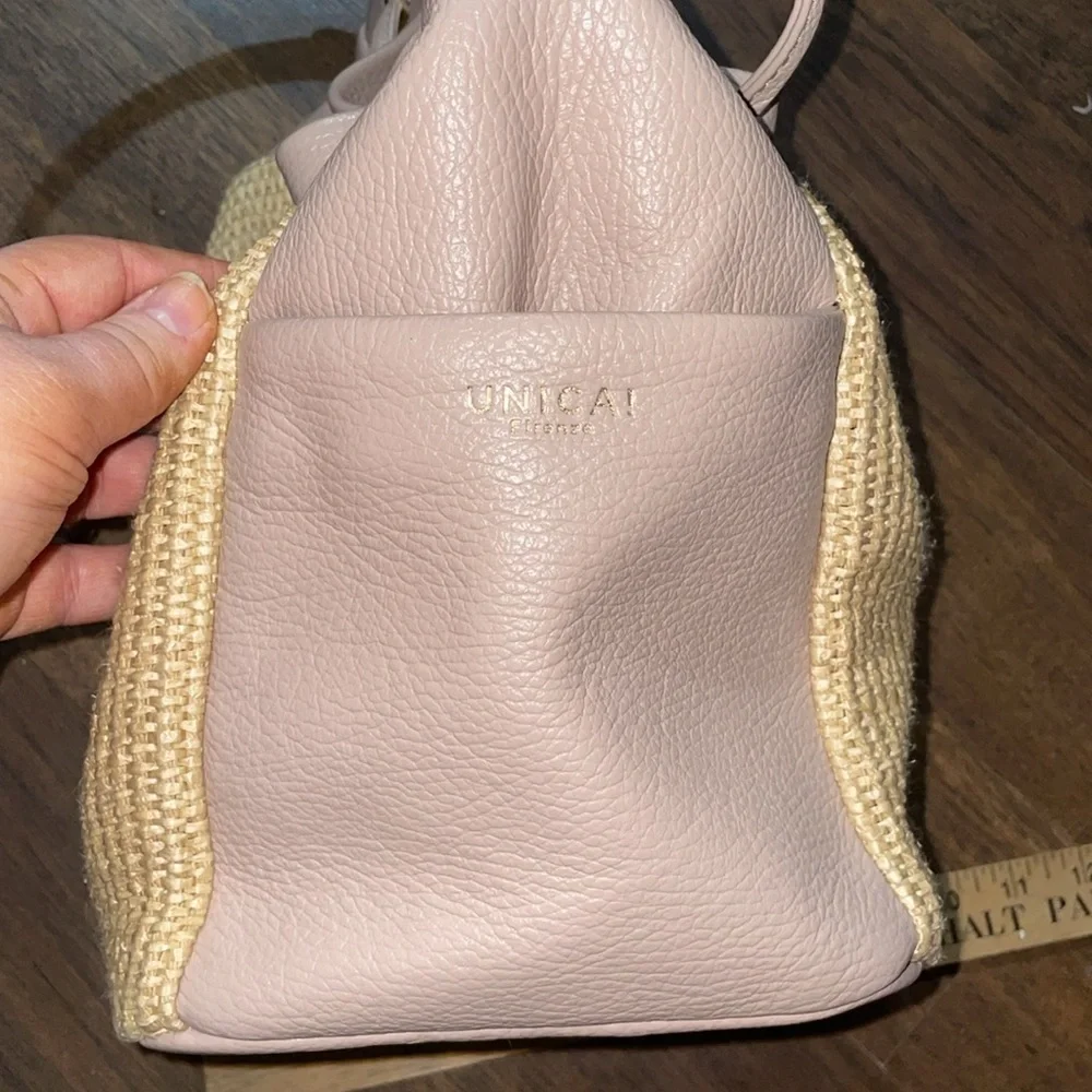 Unica Firenze Made In Italy Leather Raffia Panels Bucket Hobo Bag
